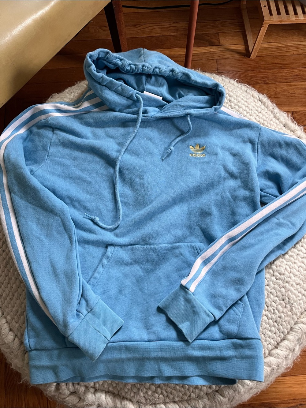 adidas Light Blue Hoodie with White Sleeve Stripes